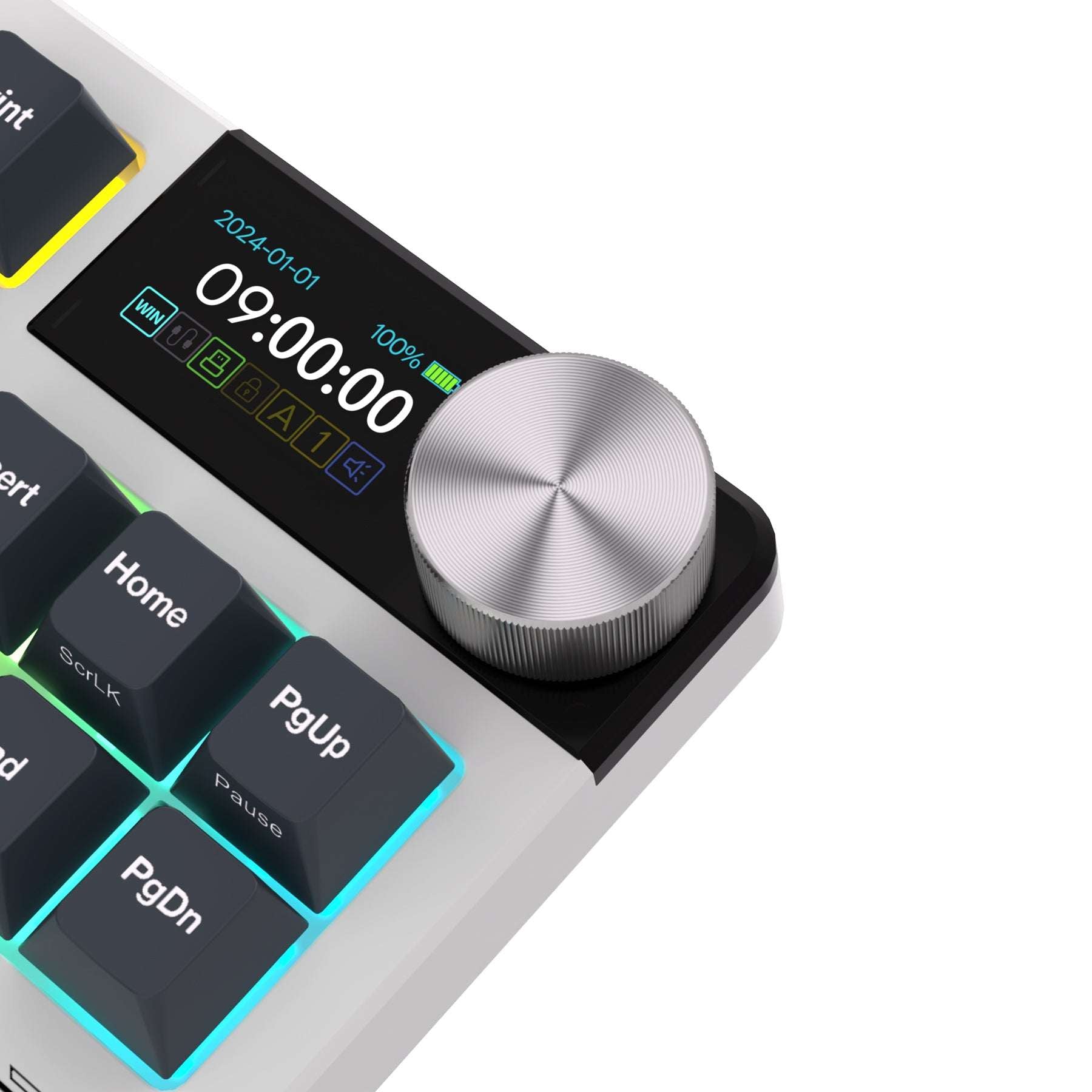Mechanical gaming keyboard with digital display and yellow accents