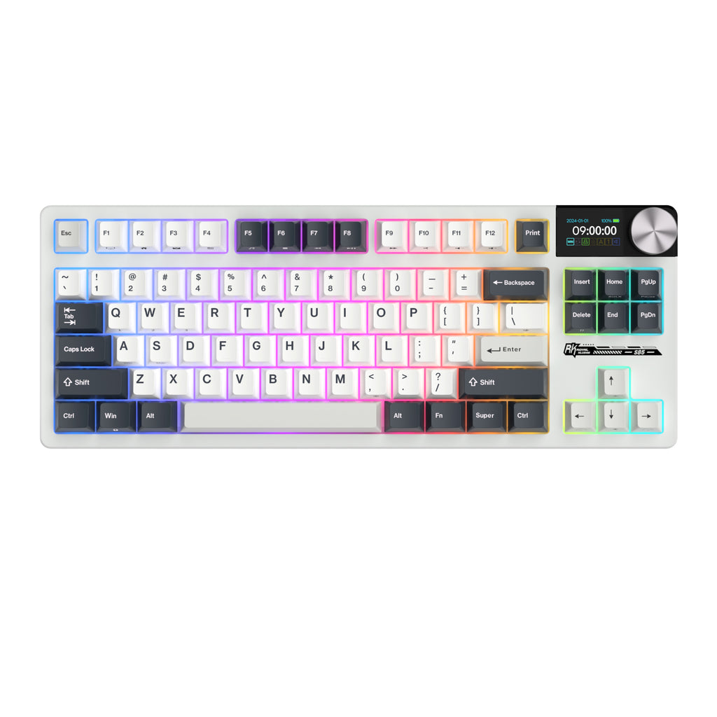 Mechanical gaming keyboard with digital display and yellow accents