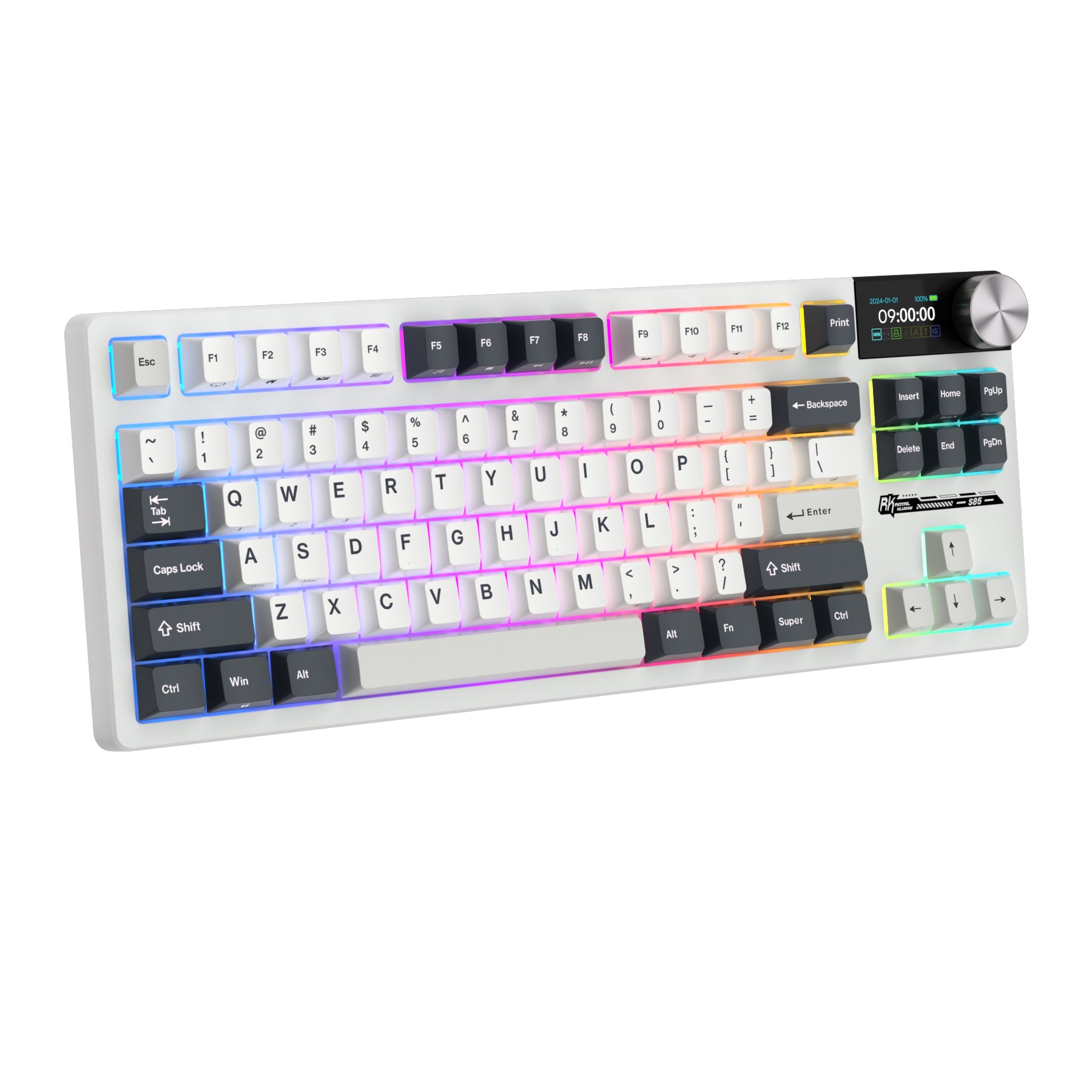 Mechanical gaming keyboard with digital display and yellow accents