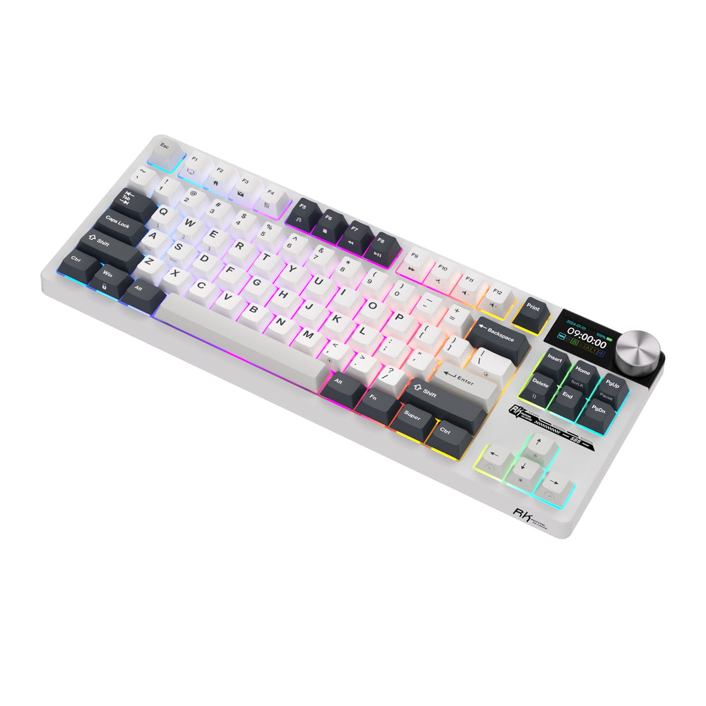 Mechanical gaming keyboard with digital display and yellow accents