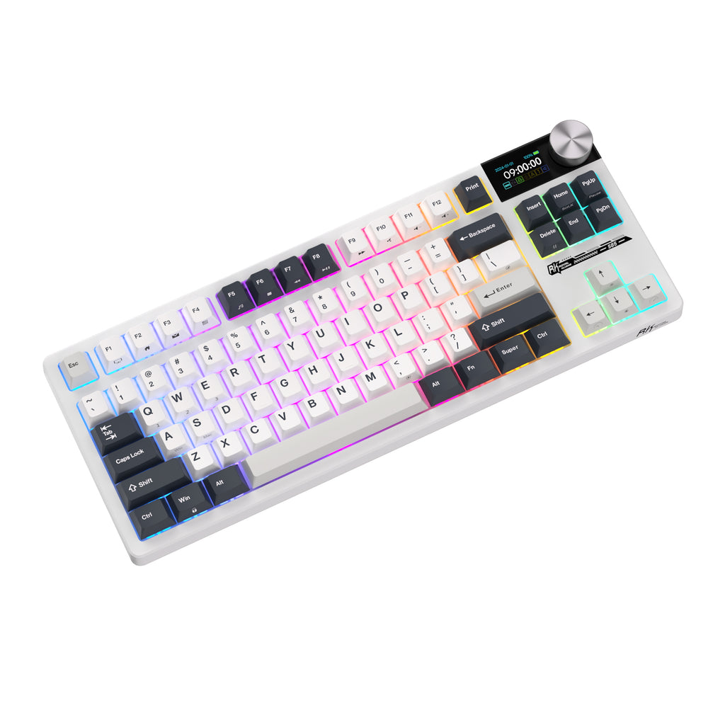 Mechanical gaming keyboard with digital display and yellow accents