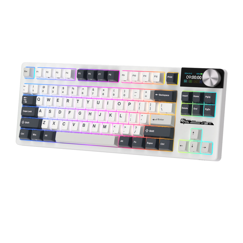 Mechanical gaming keyboard with digital display and yellow accents