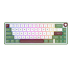 Compact mechanical keyboard with dark keycaps, beige highlights, and a metal volume knob
