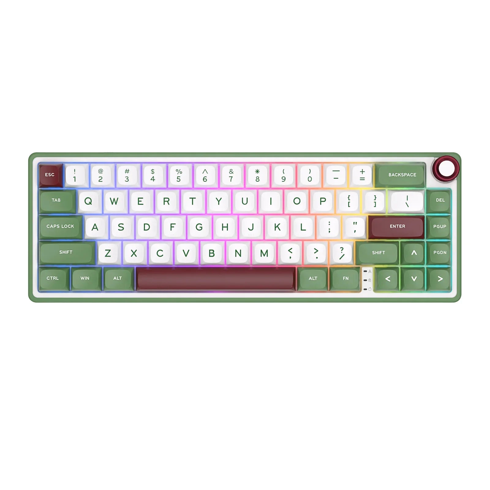 Compact mechanical keyboard with dark keycaps, beige highlights, and a metal volume knob