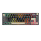 Compact mechanical keyboard with dark keycaps, beige highlights, and a metal volume knob
