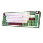 Compact mechanical keyboard with dark keycaps, beige highlights, and a metal volume knob