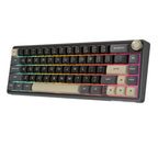 Compact mechanical keyboard with dark keycaps, beige highlights, and a metal volume knob