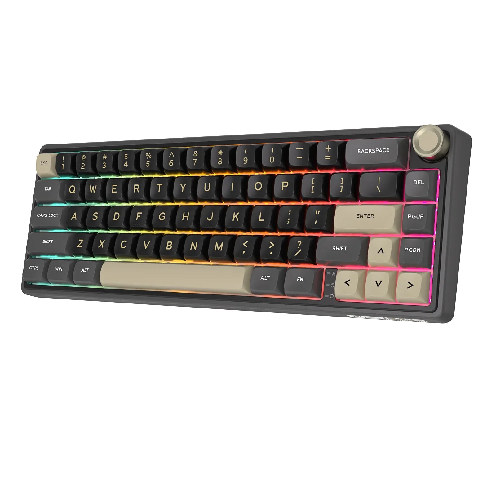 Compact mechanical keyboard with dark keycaps, beige highlights, and a metal volume knob