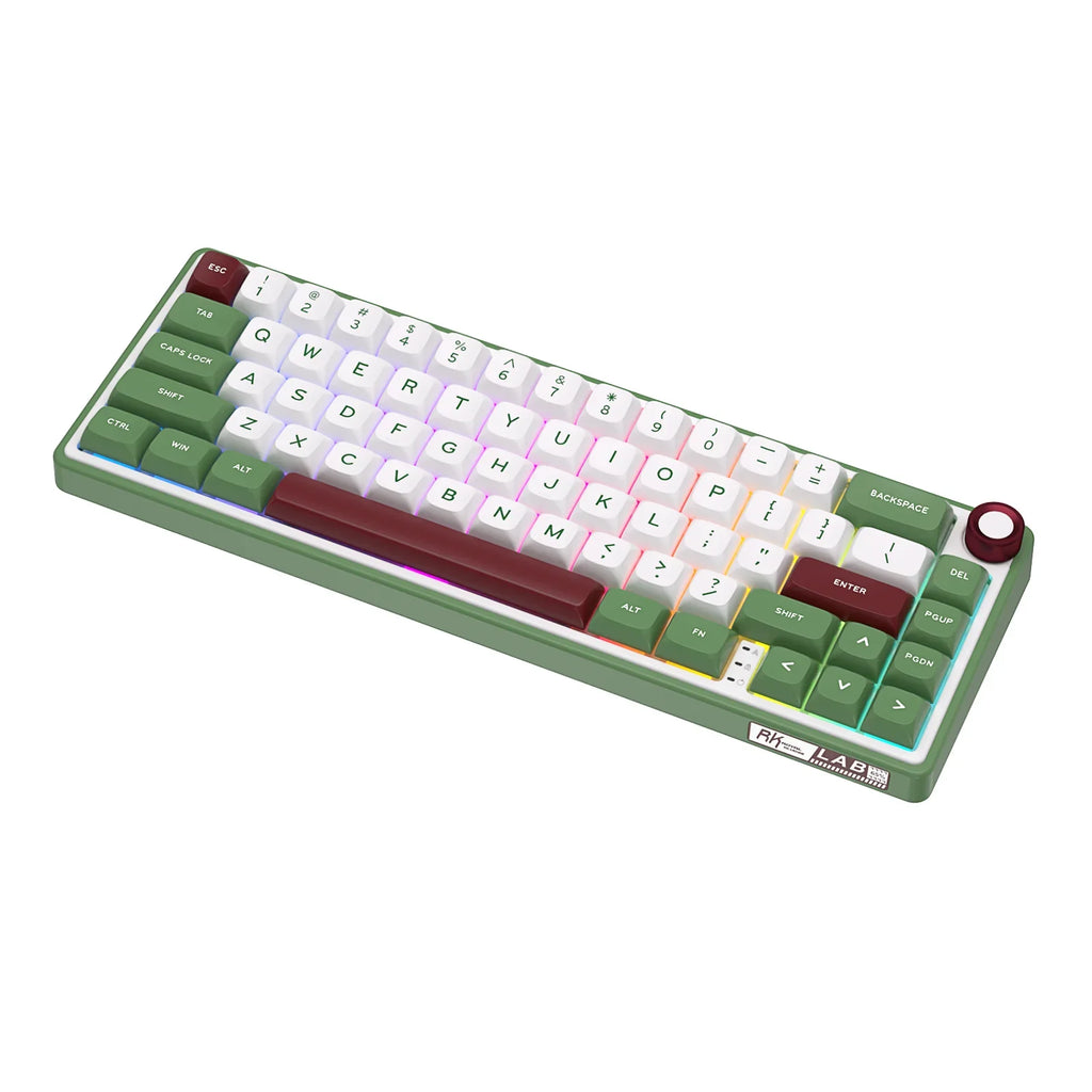 Compact mechanical keyboard with dark keycaps, beige highlights, and a metal volume knob