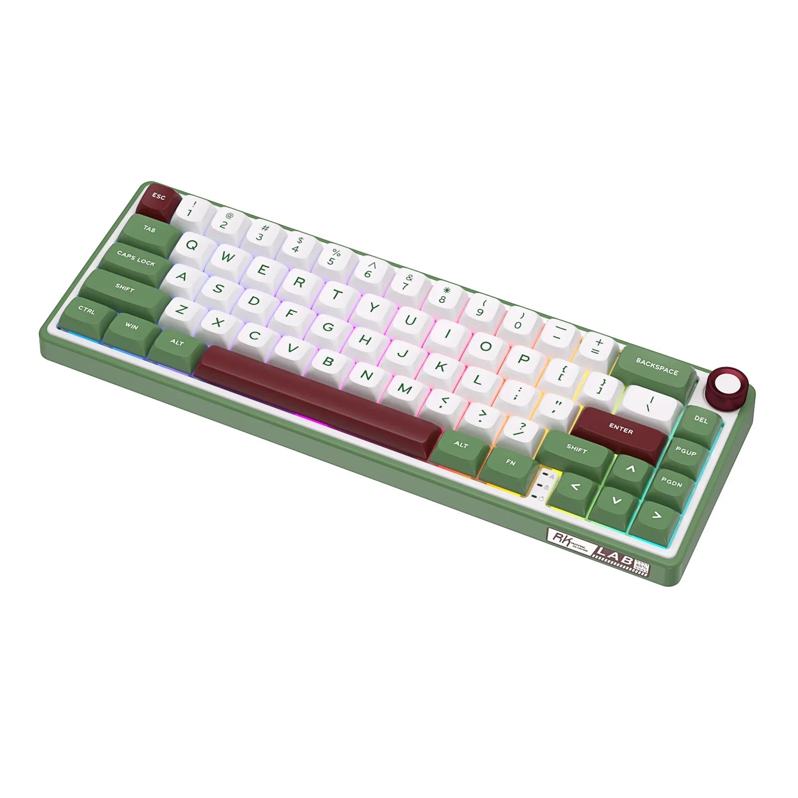 Compact mechanical keyboard with dark keycaps, beige highlights, and a metal volume knob