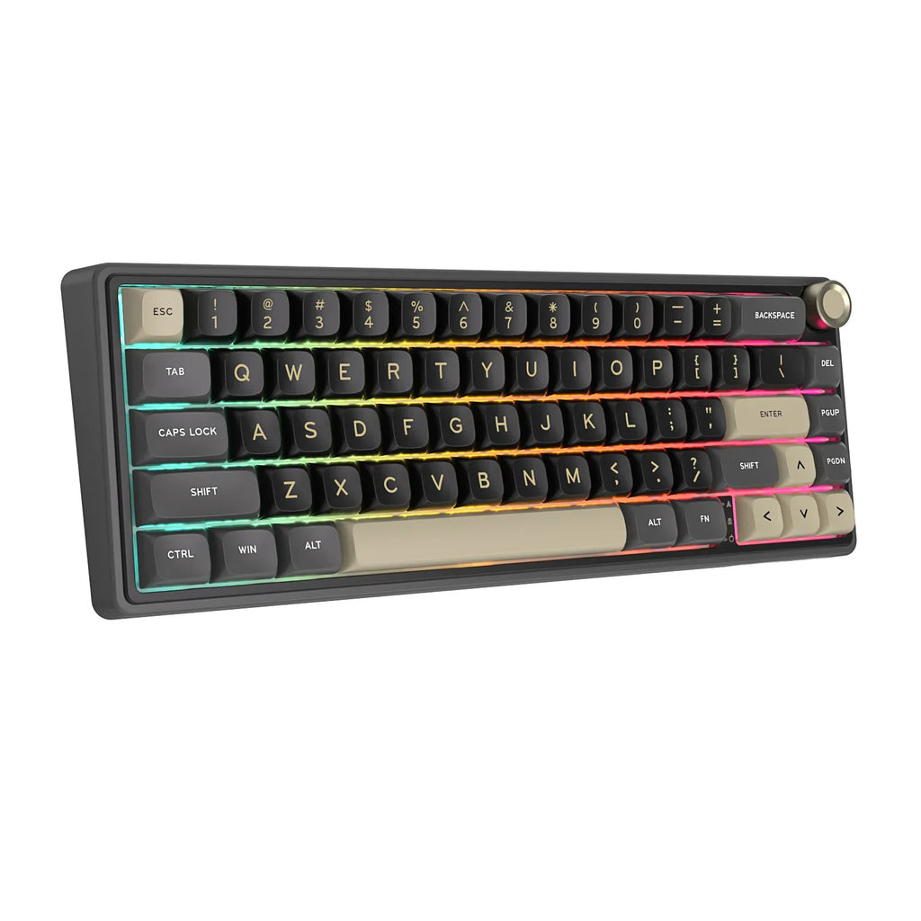 Compact mechanical keyboard with dark keycaps, beige highlights, and a metal volume knob