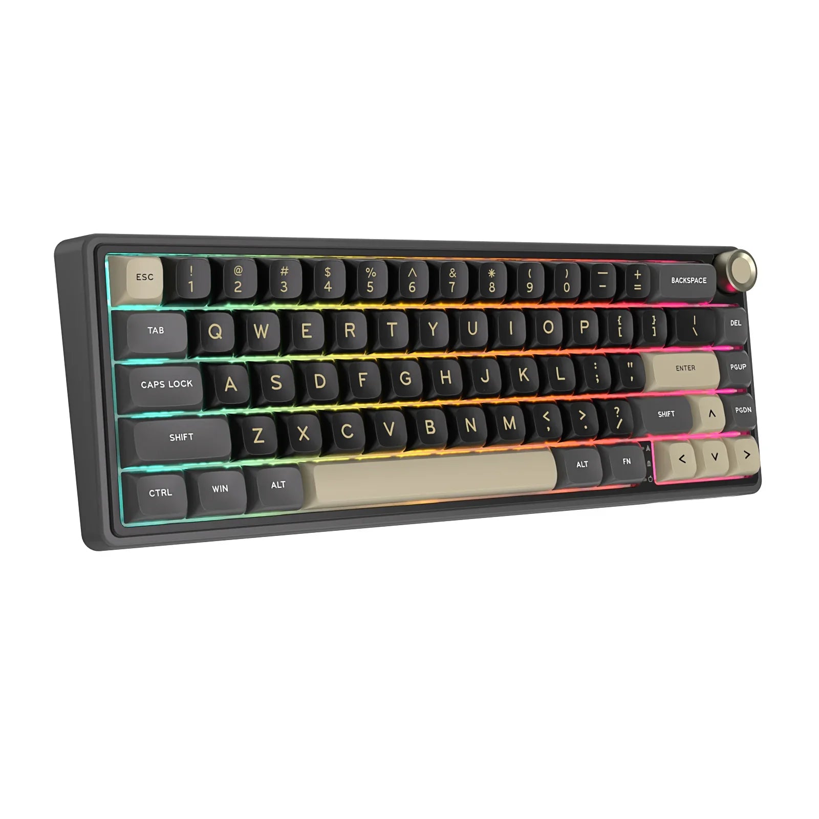 Compact mechanical keyboard with dark keycaps, beige highlights, and a metal volume knob