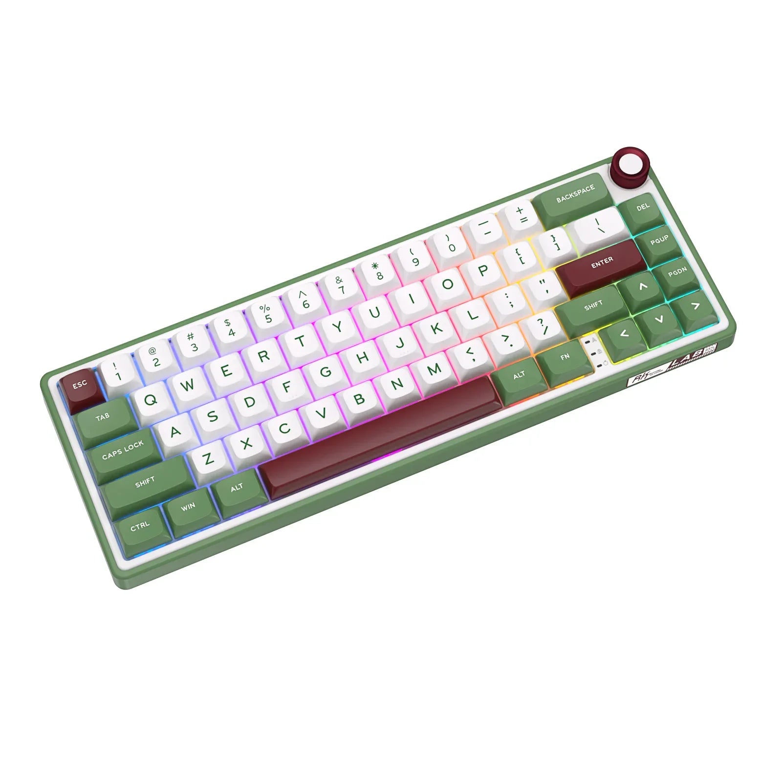 Compact mechanical keyboard with dark keycaps, beige highlights, and a metal volume knob