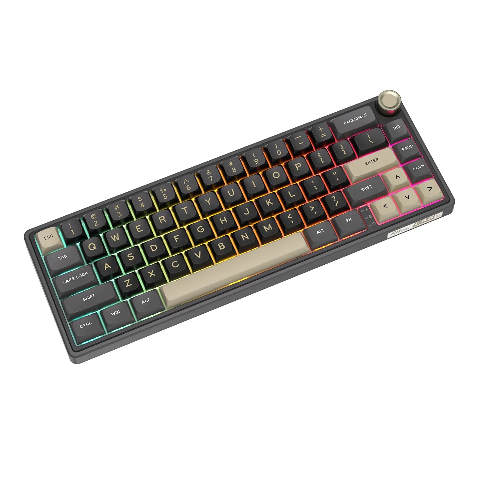 Compact mechanical keyboard with dark keycaps, beige highlights, and a metal volume knob