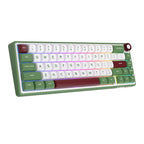 Compact mechanical keyboard with dark keycaps, beige highlights, and a metal volume knob