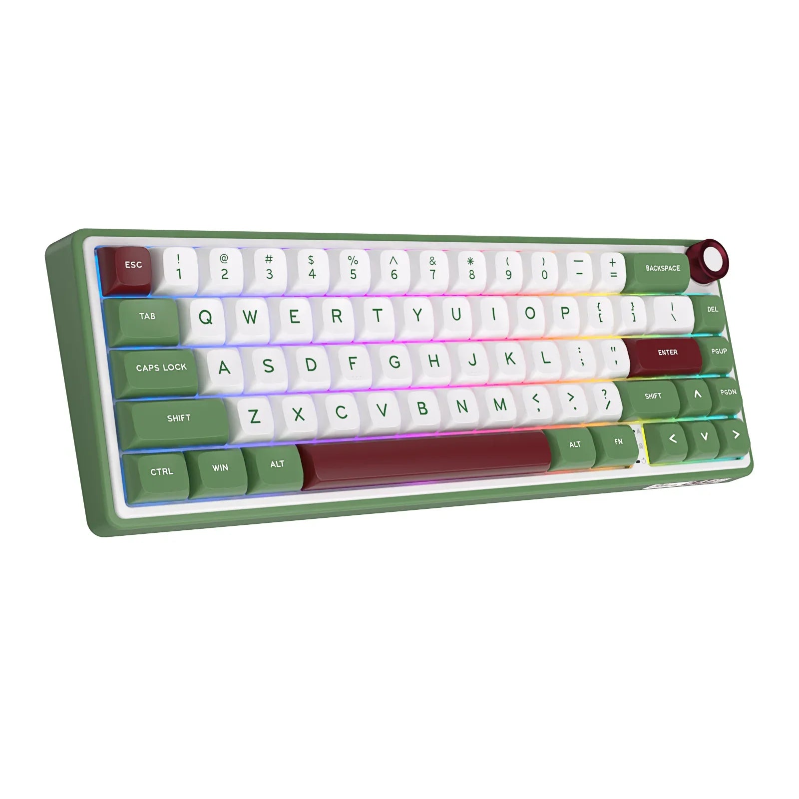 Compact mechanical keyboard with dark keycaps, beige highlights, and a metal volume knob