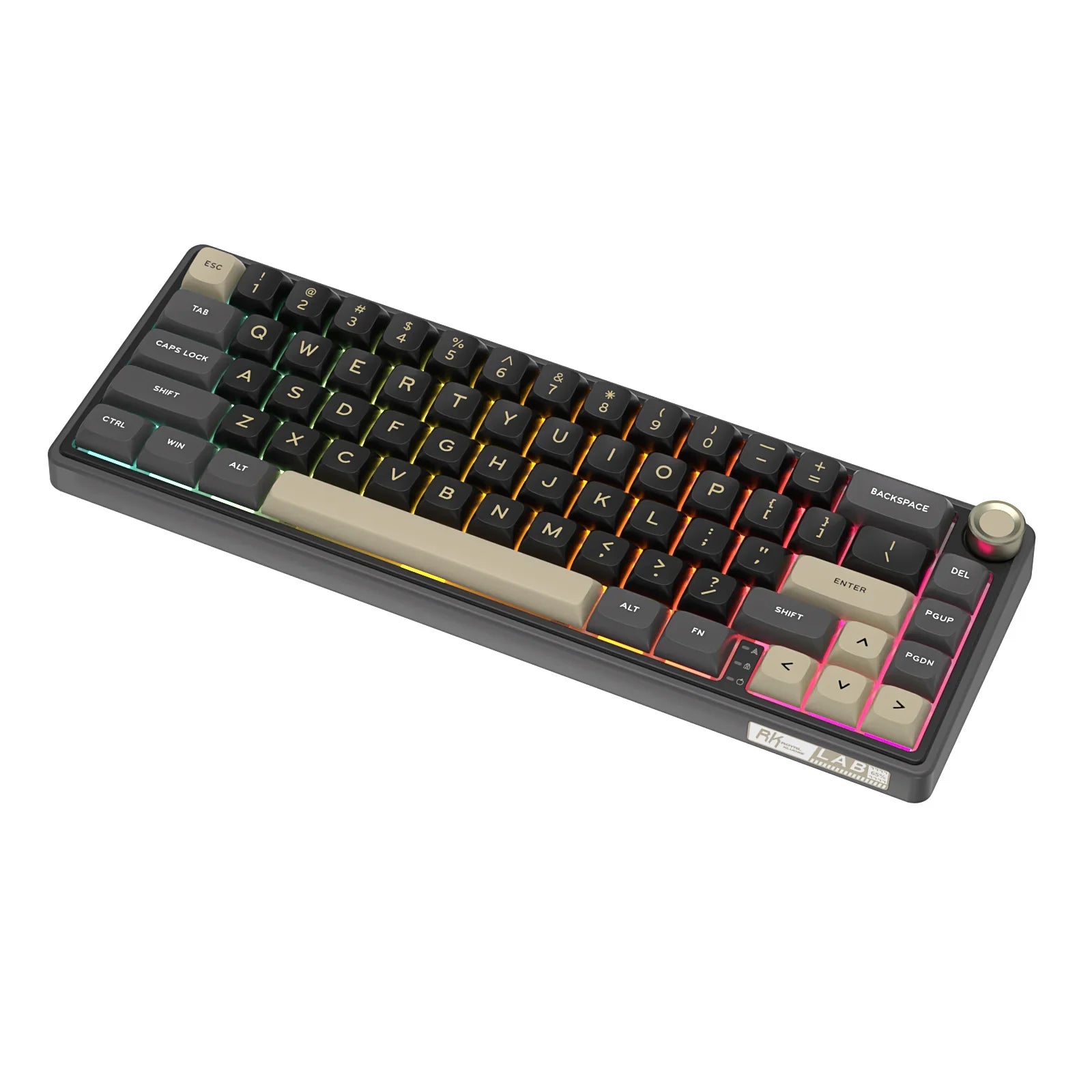 Compact mechanical keyboard with dark keycaps, beige highlights, and a metal volume knob