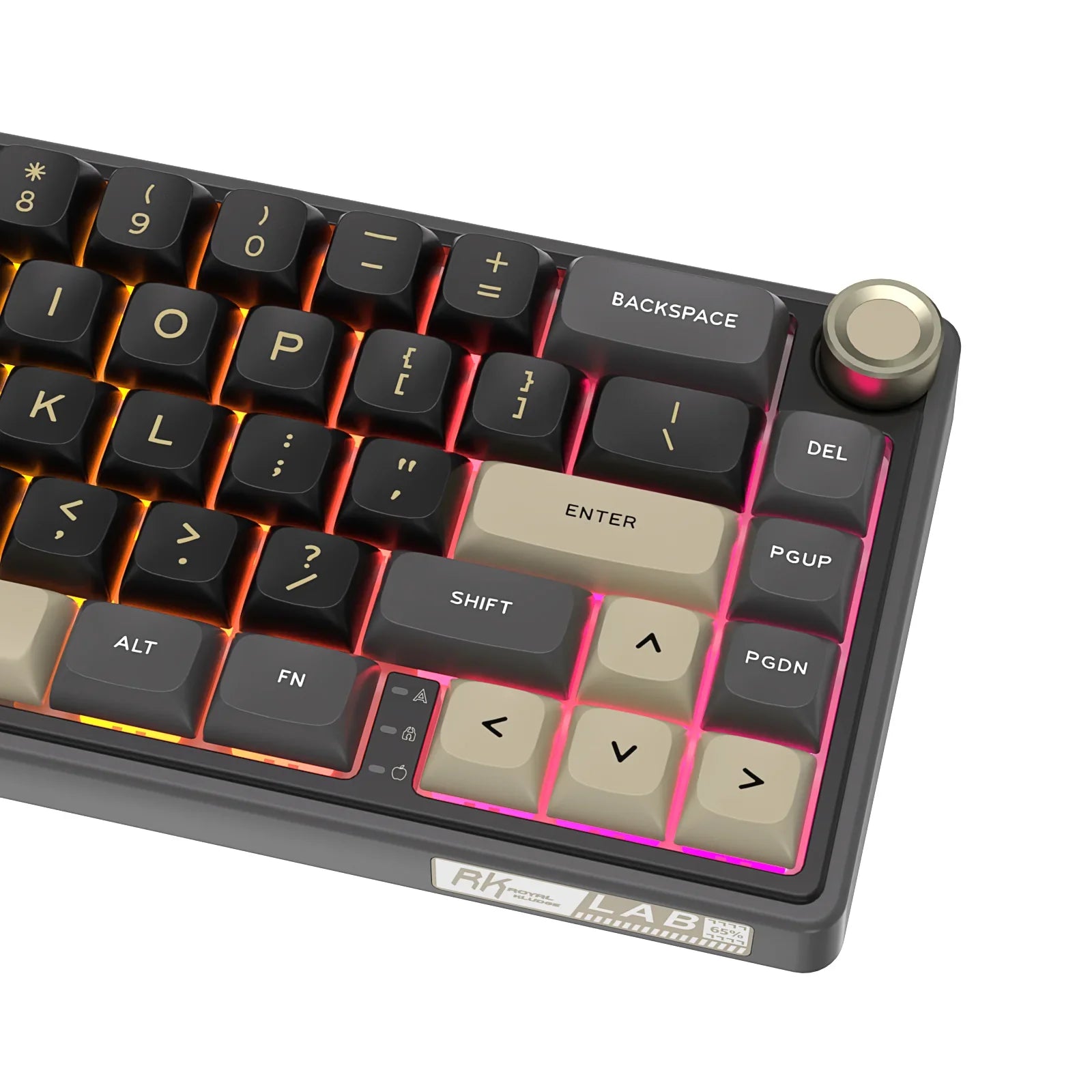 Compact mechanical keyboard with dark keycaps, beige highlights, and a metal volume knob