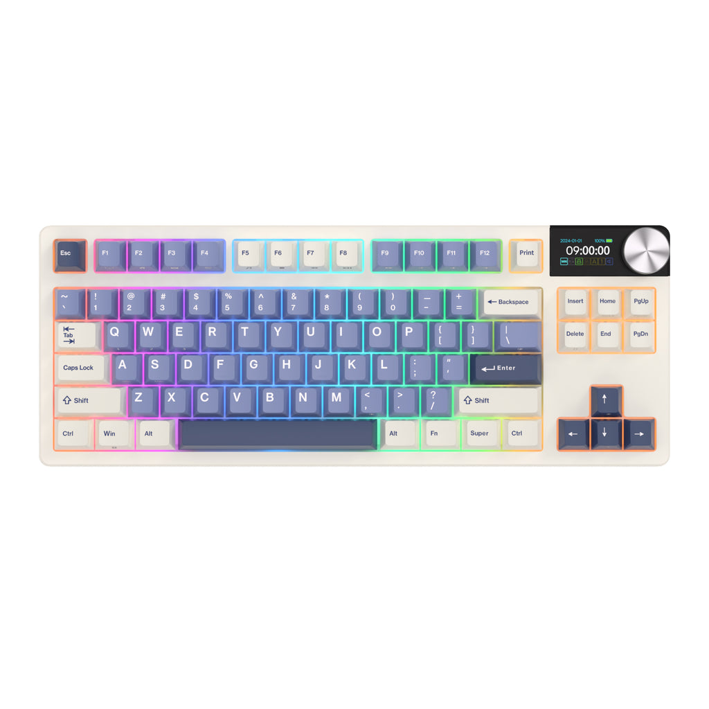 Mechanical gaming keyboard with digital display and yellow accents