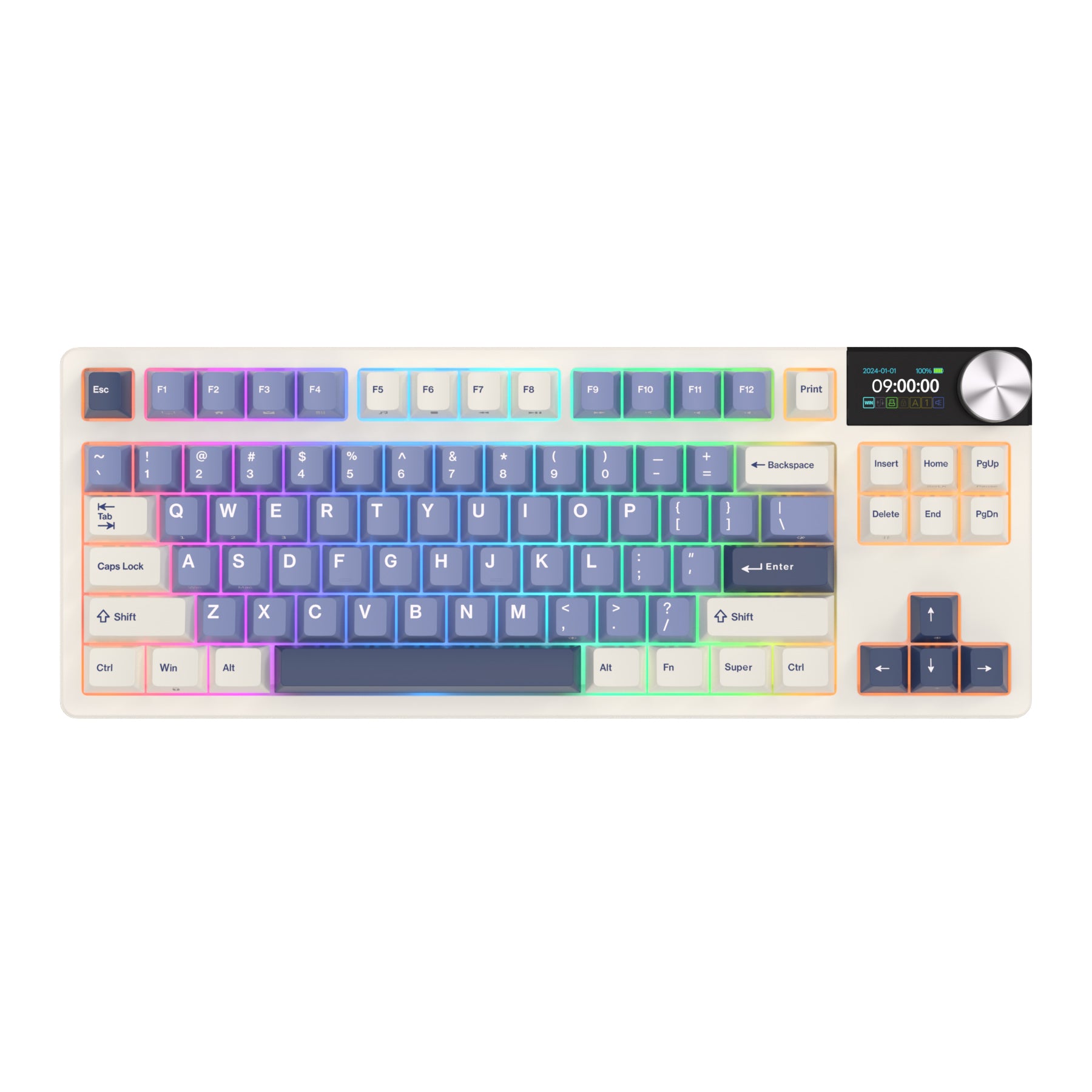 Mechanical gaming keyboard with digital display and yellow accents
