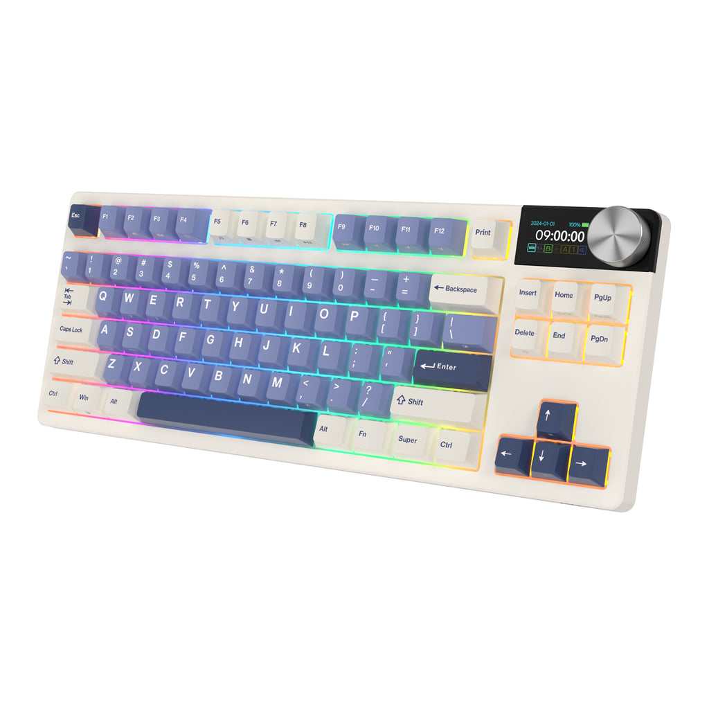 Mechanical gaming keyboard with digital display and yellow accents