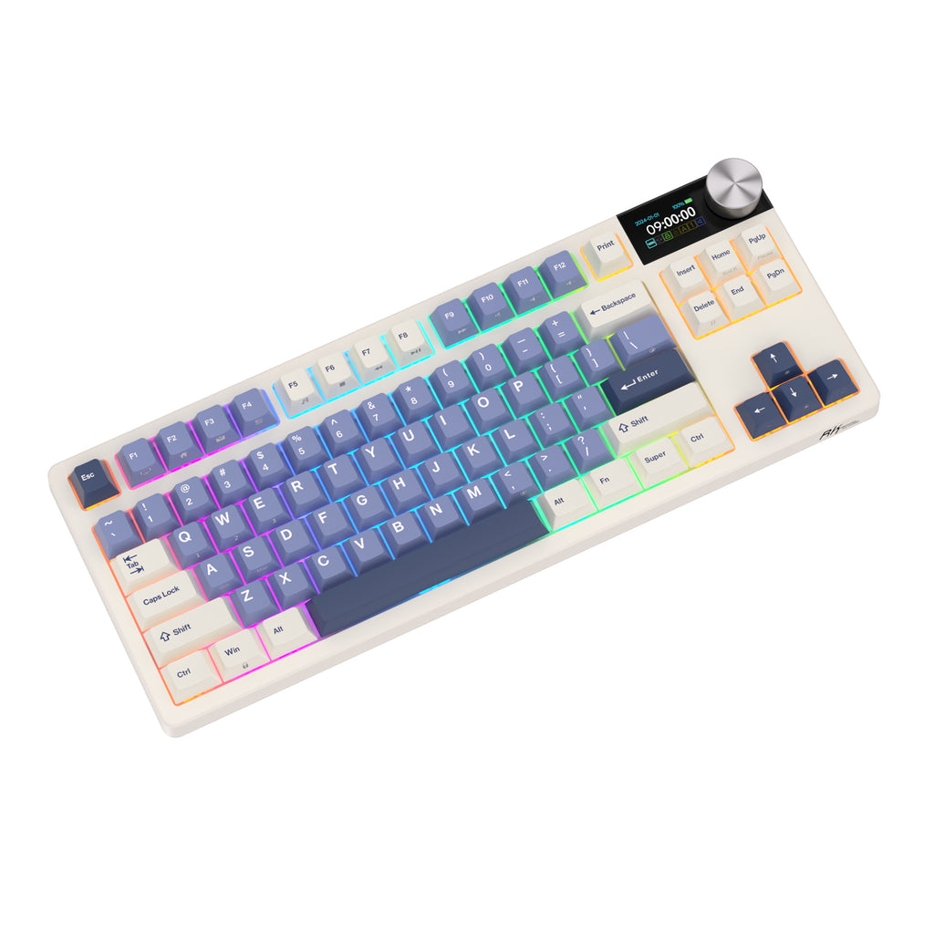 Mechanical gaming keyboard with digital display and yellow accents
