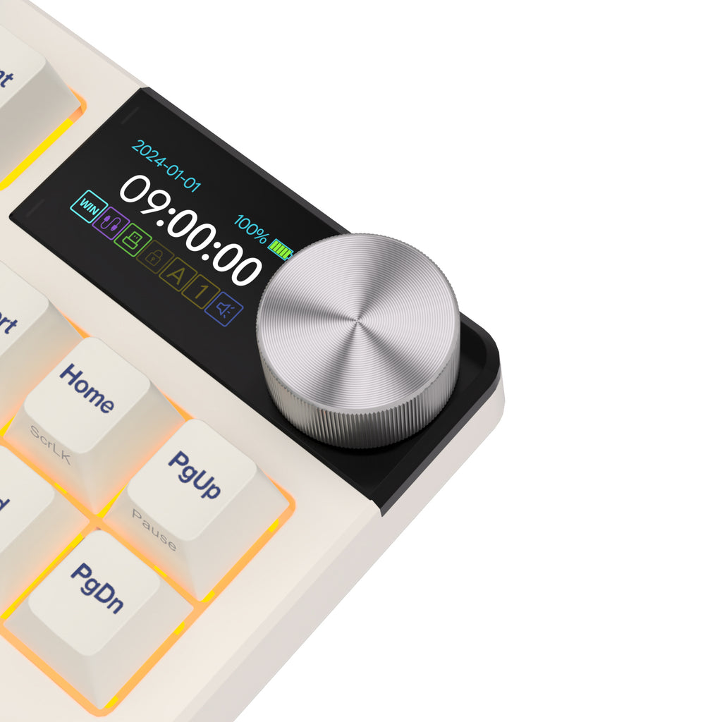 Mechanical gaming keyboard with digital display and yellow accents