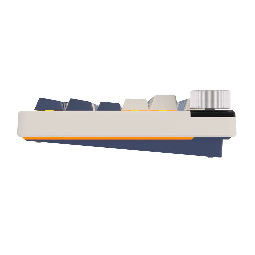 Mechanical gaming keyboard with digital display and yellow accents