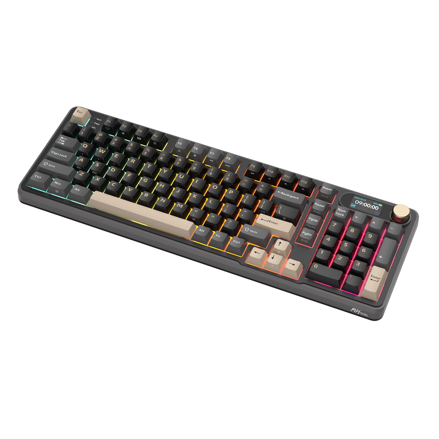 Mechanical gaming keyboard with digital display and yellow accents