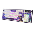 Purple and white mechanical gaming keyboard with digital display and yellow accents
