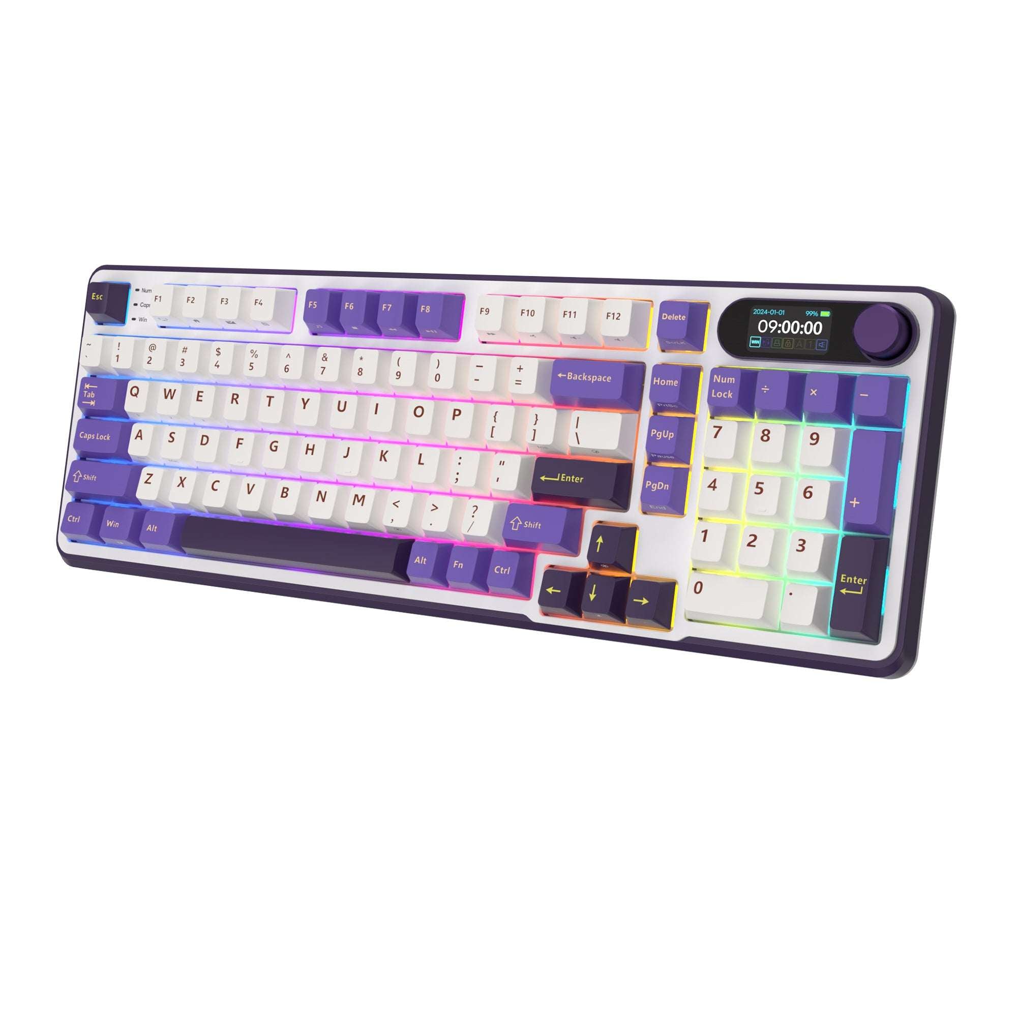 Purple and white mechanical gaming keyboard with digital display and yellow accents