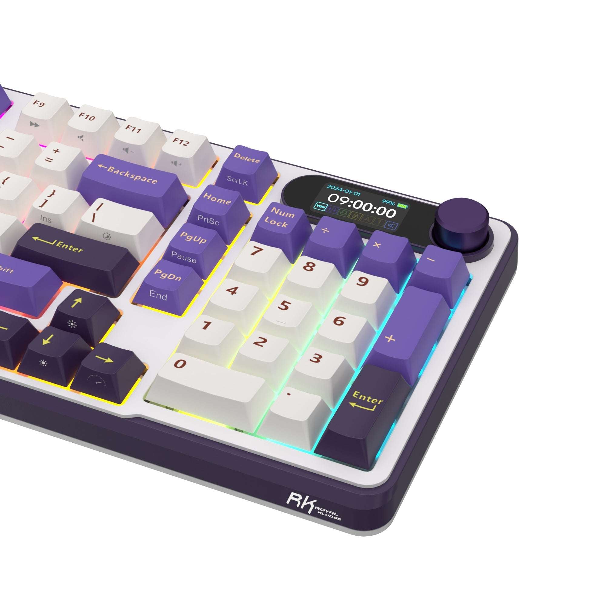 Purple and white mechanical gaming keyboard with digital display and yellow accents