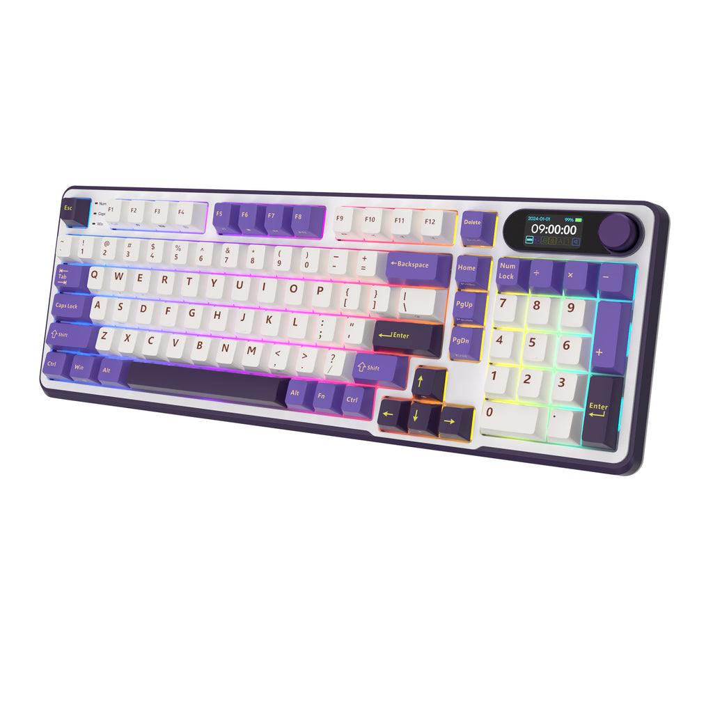 Purple and white mechanical gaming keyboard with digital display and yellow accents