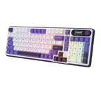 Purple and white mechanical gaming keyboard with digital display and yellow accents