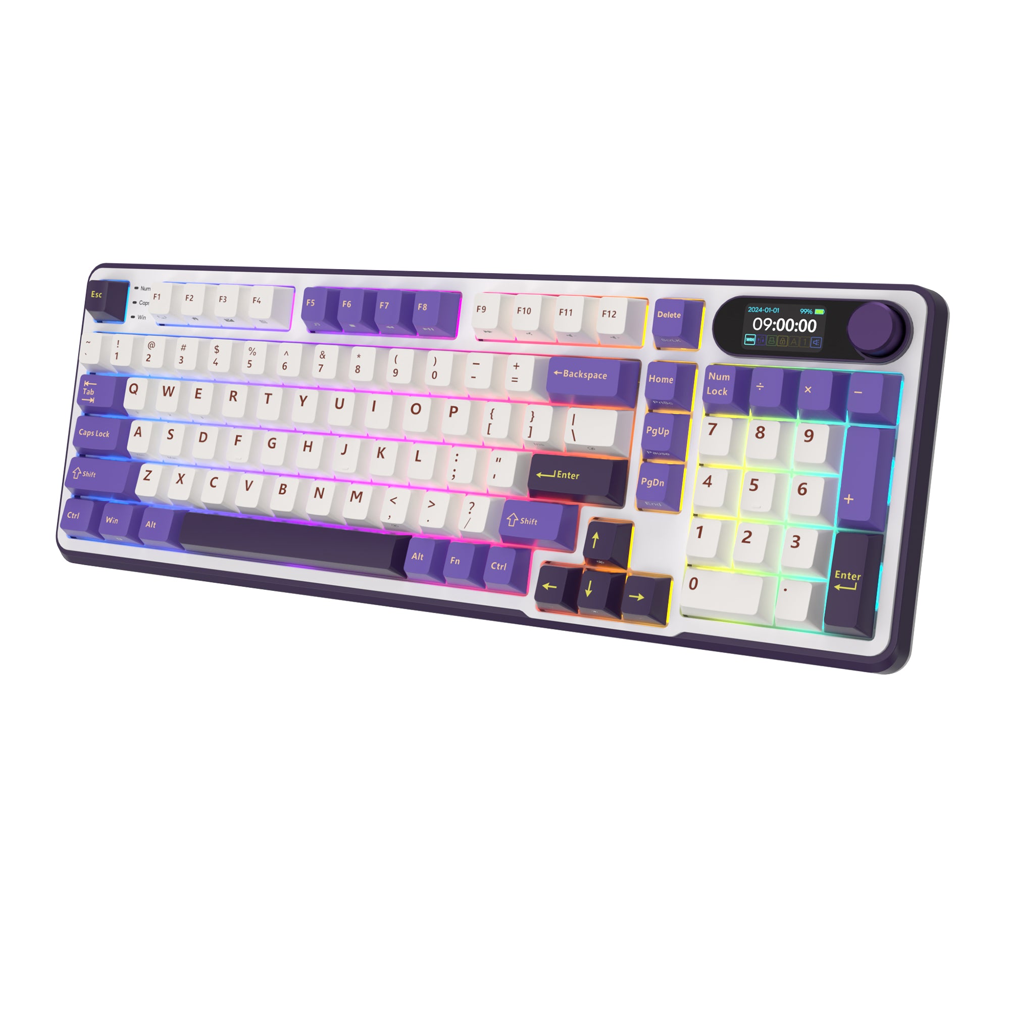 Purple and white mechanical gaming keyboard with digital display and yellow accents