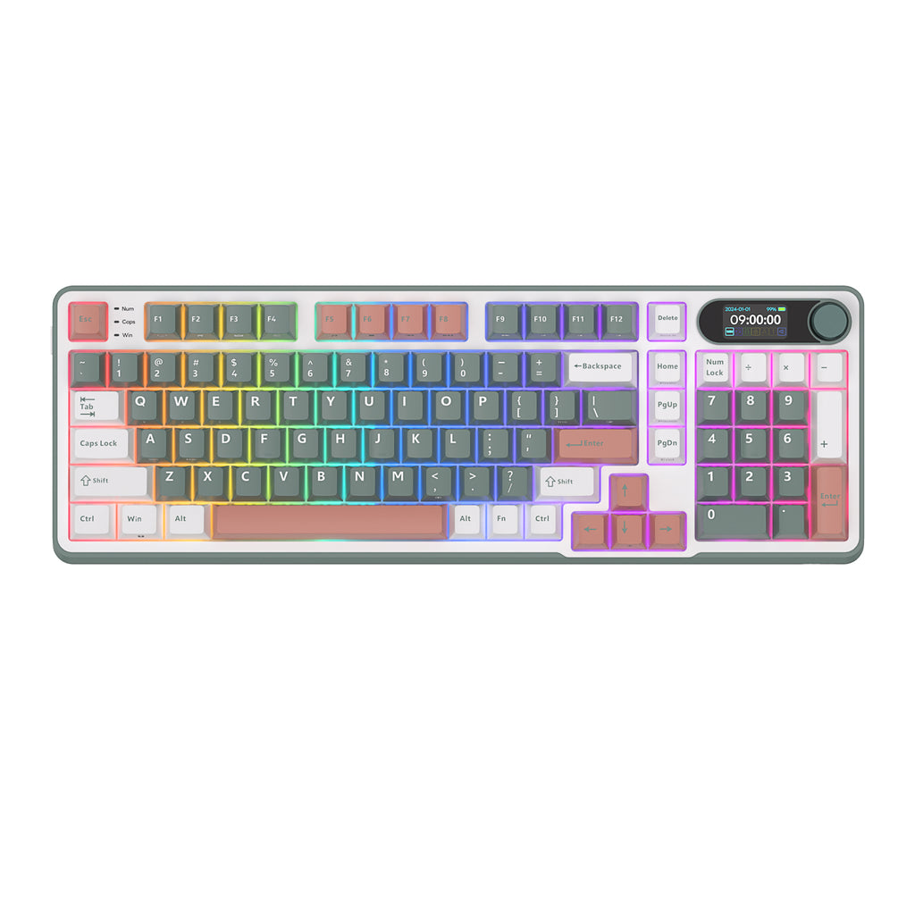 Mechanical gaming keyboard with digital display and yellow accents