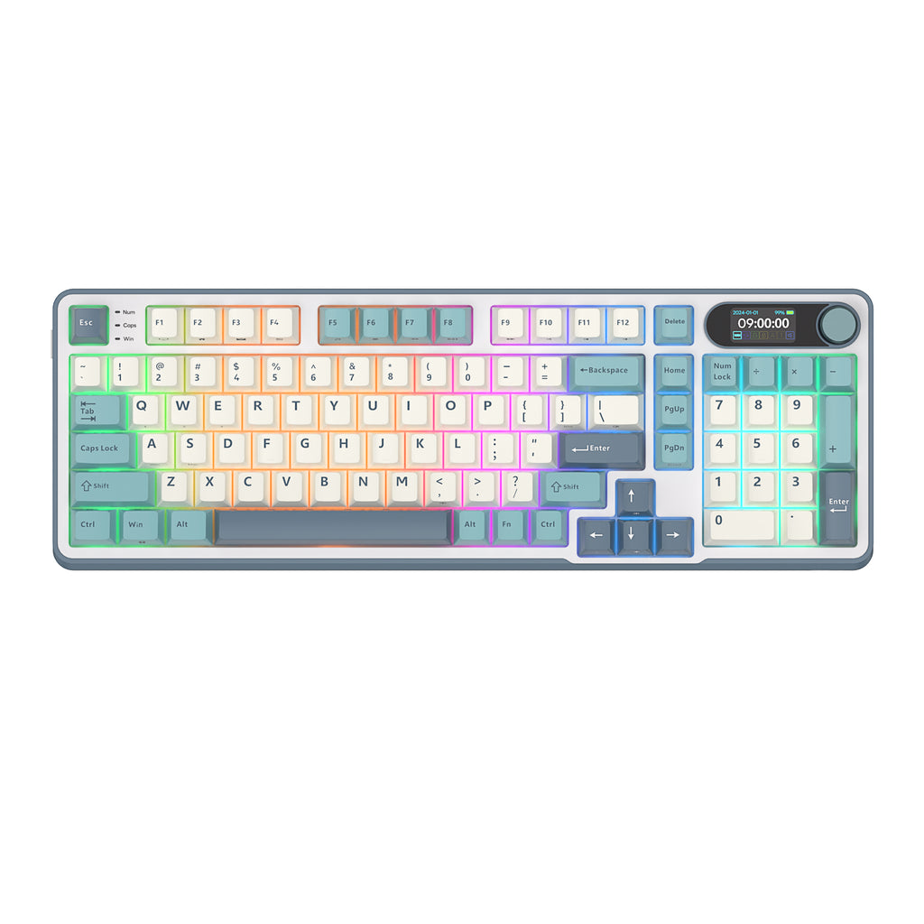 Mechanical gaming keyboard with digital display and yellow accents