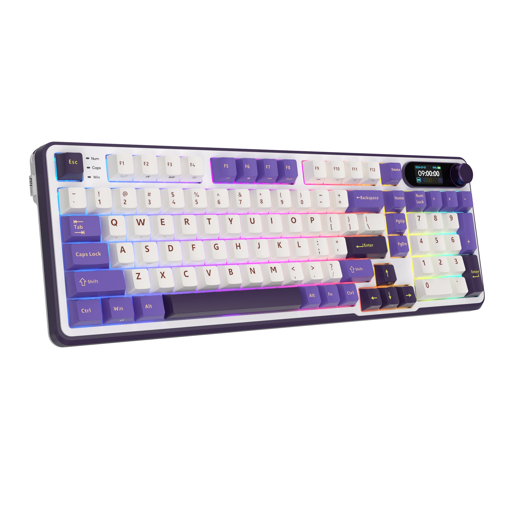 Purple and white mechanical gaming keyboard with digital display and yellow accents