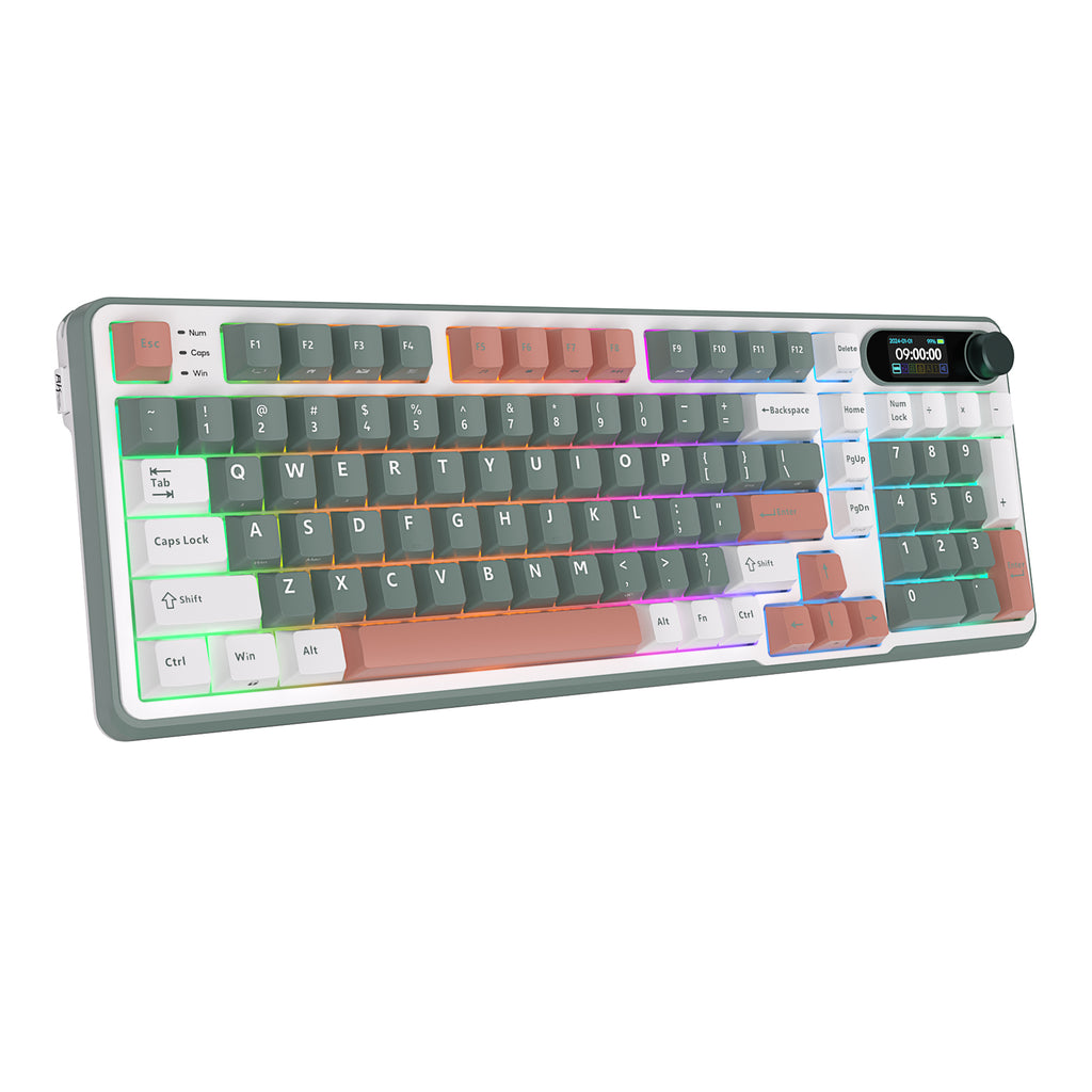 Mechanical gaming keyboard with digital display and yellow accents