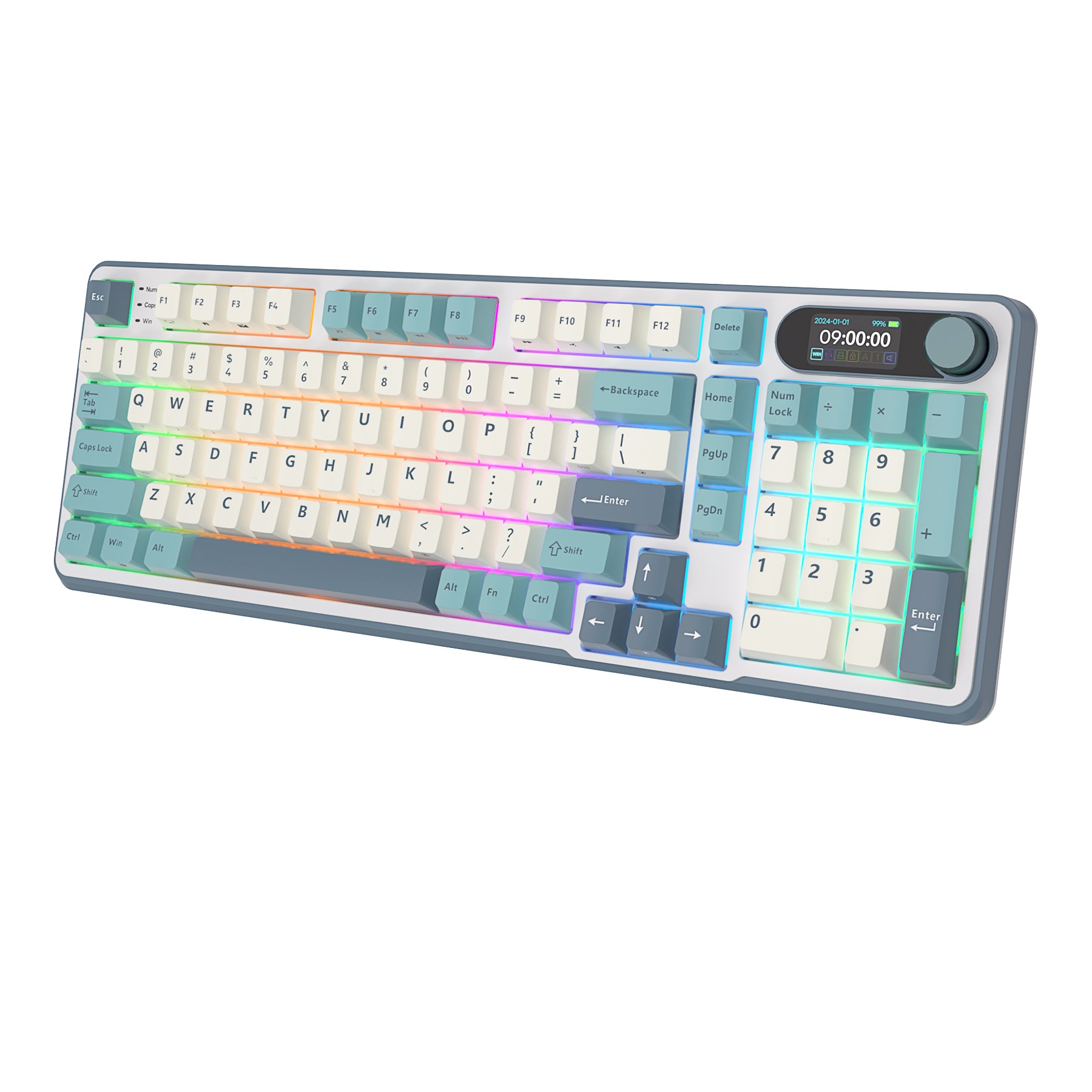 Mechanical gaming keyboard with digital display and yellow accents