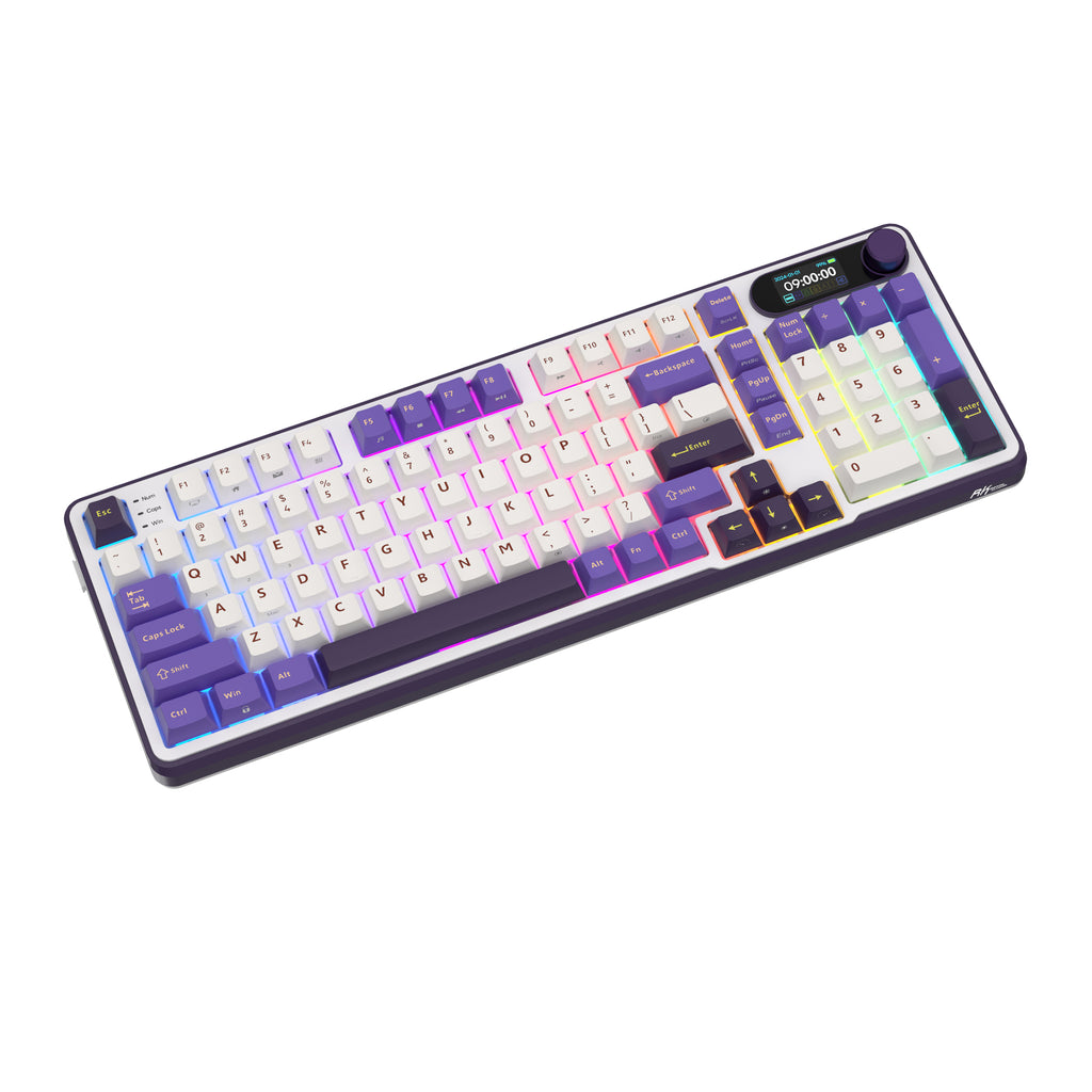 Purple and white mechanical gaming keyboard with digital display and yellow accents