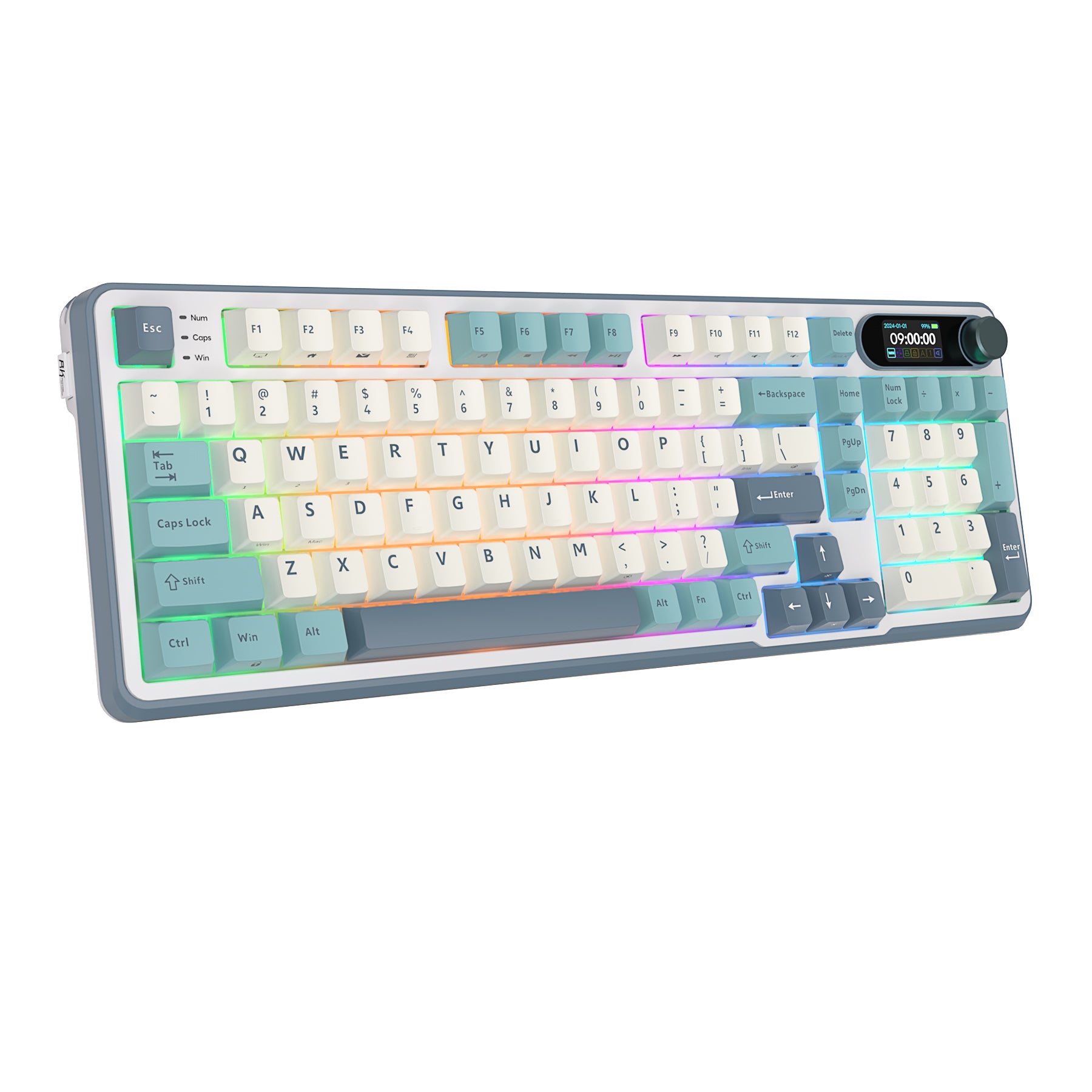 Mechanical gaming keyboard with digital display and yellow accents