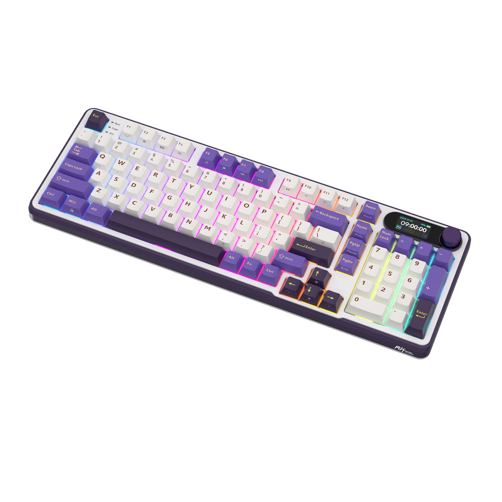 Purple and white mechanical gaming keyboard with digital display and yellow accents