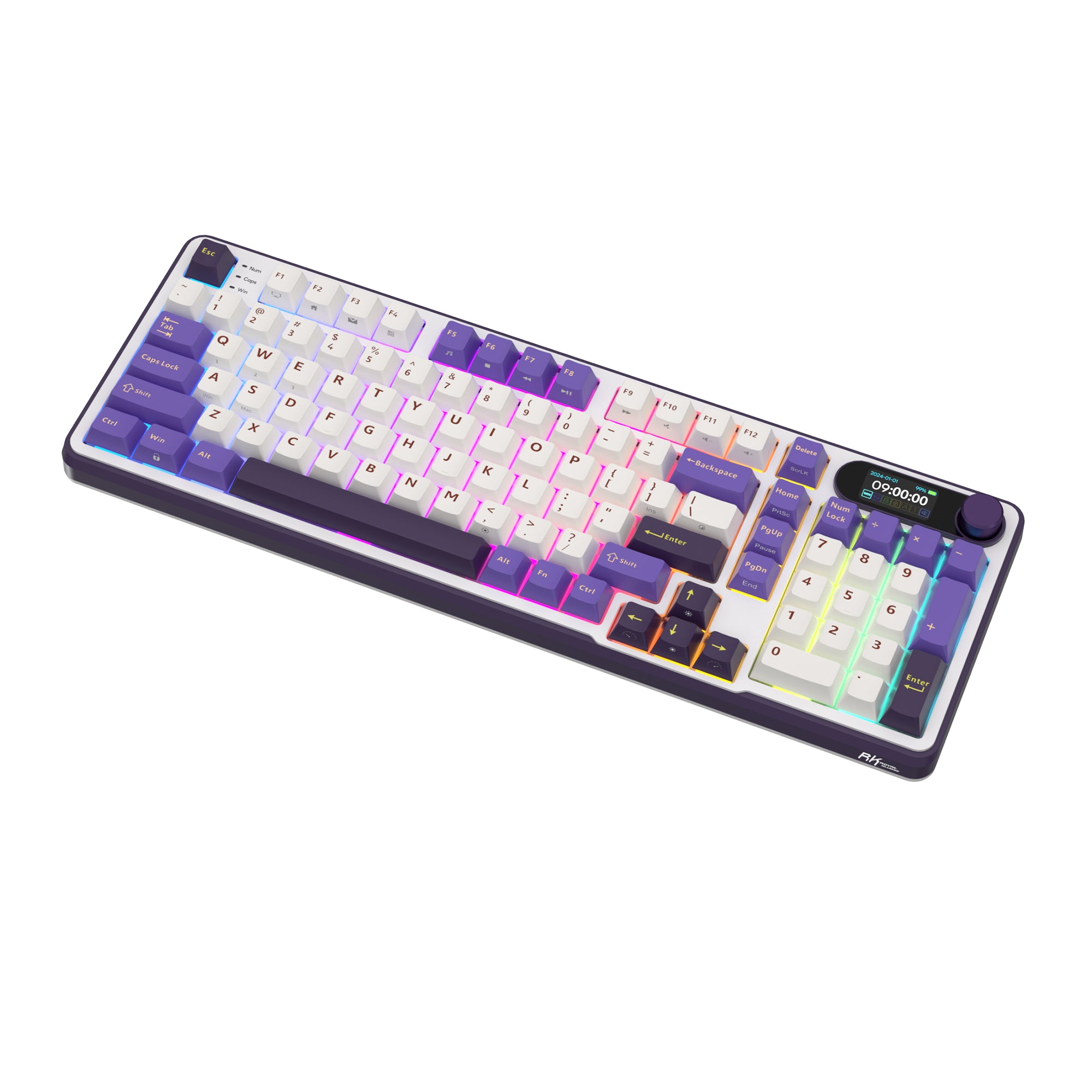 Purple and white mechanical gaming keyboard with digital display and yellow accents