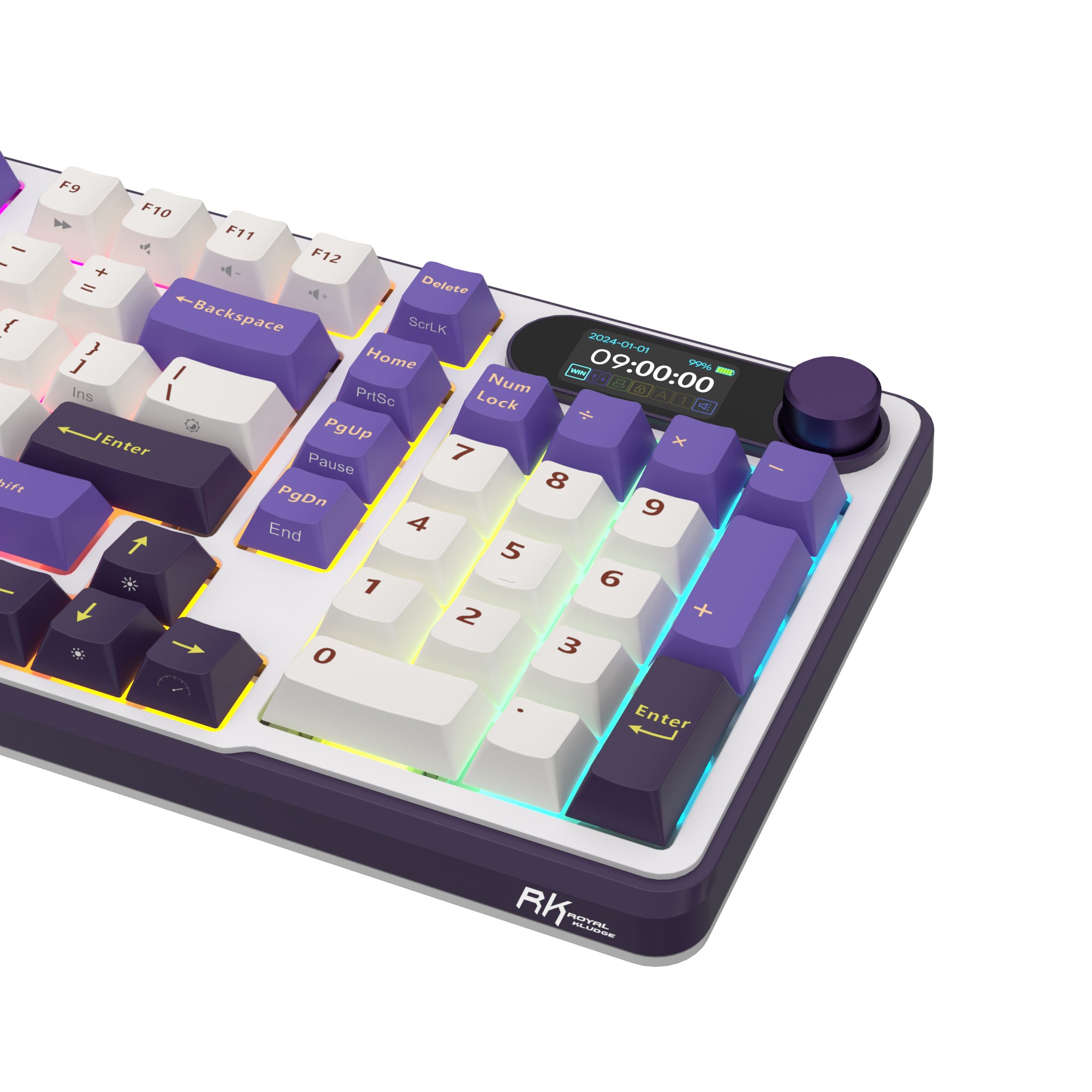 Purple and white mechanical gaming keyboard with digital display and yellow accents