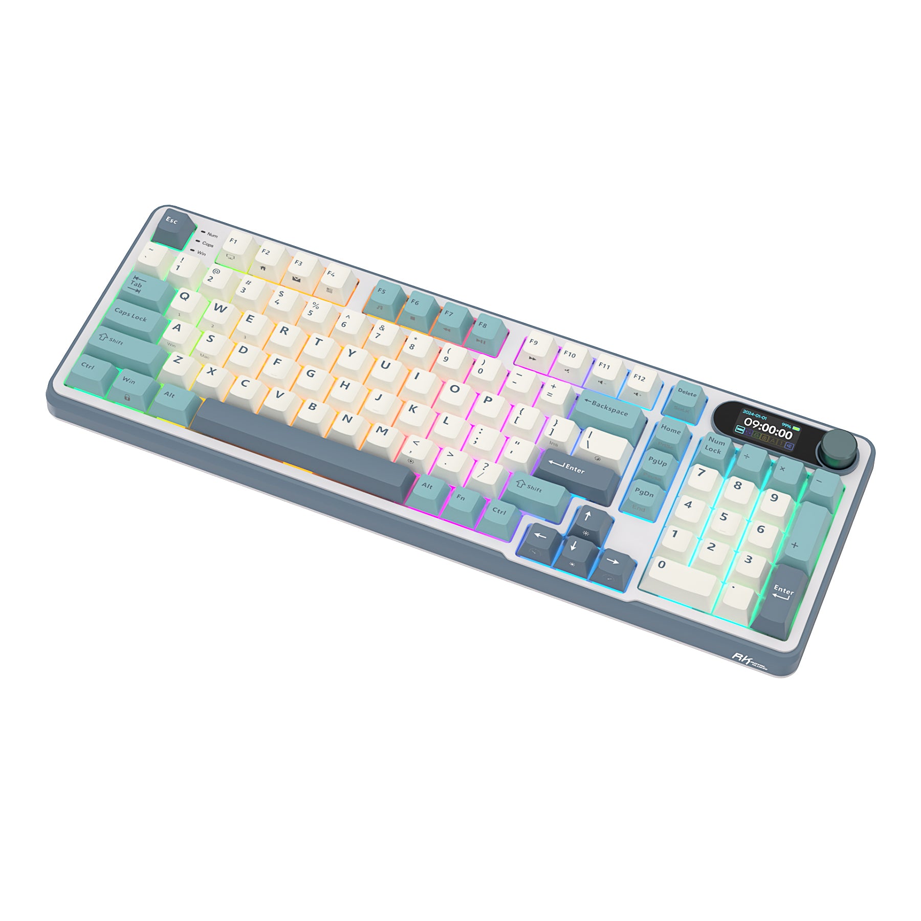 Mechanical gaming keyboard with digital display and yellow accents