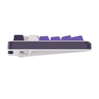 Purple and white mechanical gaming keyboard with digital display and yellow accents