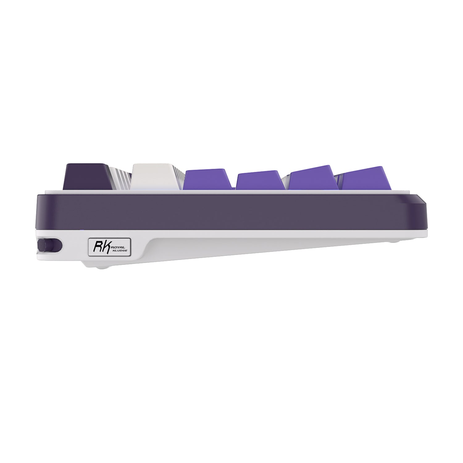 Purple and white mechanical gaming keyboard with digital display and yellow accents