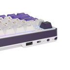 Purple and white mechanical gaming keyboard with digital display and yellow accents