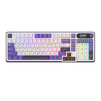 Purple and white mechanical gaming keyboard with digital display and yellow accents
